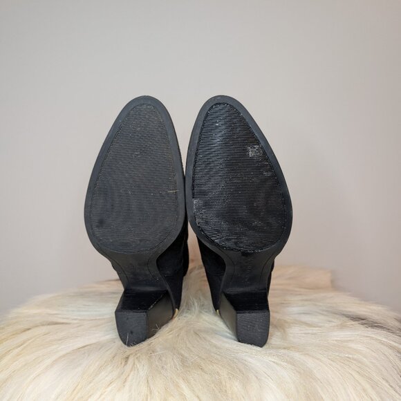 Mark Fisher Black Suede Heeled Pull-On Booties | Gold Heel Accent | Women's 7.5 - Picture 7 of 9